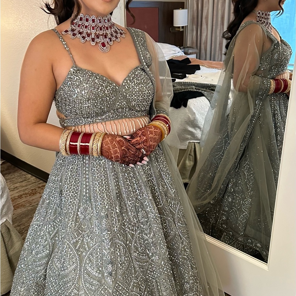 Elegant Silver-Sage Green Embellished Lengha